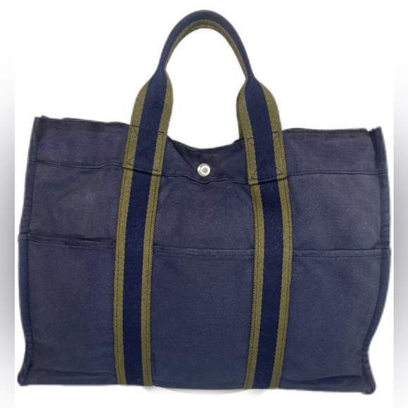 Hermes Handbags - HERMES Canvas Fourre Tote BAG in Navy Blue and Green